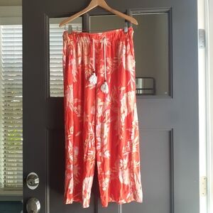 Cynthia Rowley Vibrant Orange 100% Linen Floral Botanical Drawstring Pants M